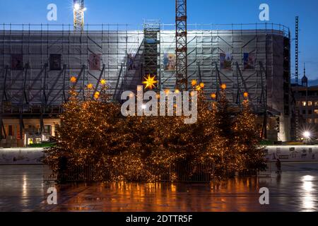 decorated Christmas trees on Roncalliplatz in front of the Dom Hotel under renovation during the Corona Pandemic, Cologne, Germany. There is usually a Stock Photo