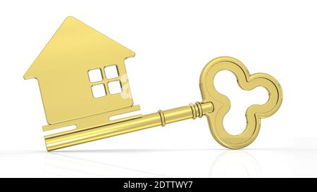 A 3d rendering of a golden key with a house Stock Photo