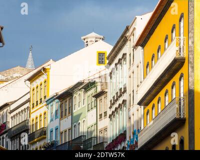 The typical facades of the houses in the historic center. Capital Angra do Heroismo, the historic center is part of UNESCO world heritage.   Island Il Stock Photo