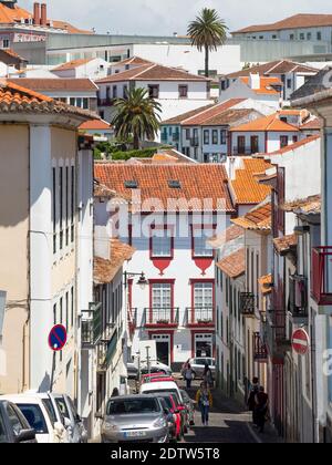 Streets of the old town with the famous facades. Capital Angra do Heroismo, the historic center is part of UNESCO world heritage.   Island Ilhas Terce Stock Photo