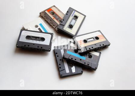 Retro audio cassette tapes isolated on white background Stock Photo
