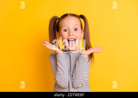 Portrait of young excited shocked crazy smiling girl child kid hold hands isolated on yellow color background Stock Photo