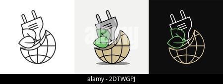 Globe with plug and leaves. Ecology concept. Flat style outline illustration. Isolated. Stock Vector