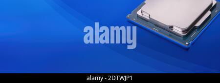 Abstract panoramic blue technology theme background with CPU on it. Template with copy space Stock Photo