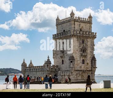 Lisbon, Portugal - May 12, 2018: Historic Torre de Belem tower at Tejo River banks in Lisbon, Portugal Stock Photo