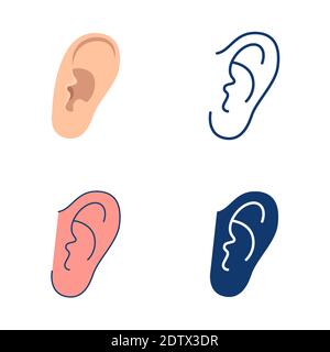 Ear icon set in flat and line style. Human body part symbol. Vector illustration. Stock Vector