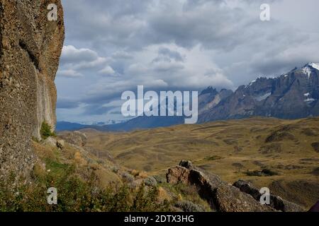 Cave painters in the Torres del Paine enjoyed this view from their cave mouth. Stock Photo