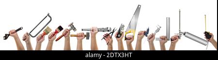 Objects hands action - Very big Banner, collage Hands hold building tools isolated white background. Stock Photo