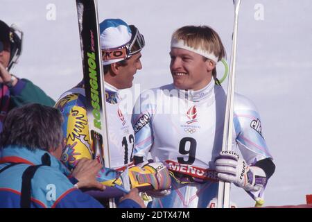 Finn Christian JAGGE (NOR), right, alpine skiing, slalom, special slalom, action, winner, gold medal, gold medalist, Olympic champion; with Alberto TOMBA, (ITA, l.), runner-up, silver medal, special slalom/men, on February 22nd, 1992 Olympic Games in Albertville/France, from February 9th to February 22nd, 1992, Ã‚Â | usage worldwide Stock Photo