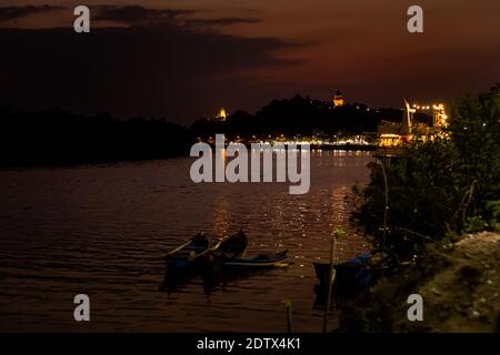 Beautiful chamber Tuy Hoa city in Vietnam at night. Landscape photo with blue sky. Capital of Phu Yen province. Stock Photo