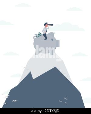 An investor is looking for where to invest money sitting on a piggy bank full of money. Investment concept. Shades of gray. Stock Vector