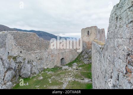 Cathar castle of Montsegur in Ariege, Occitanie in south of France. Stock Photo