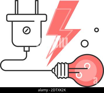 Electricity power concept. Electric bulb connected with plug. Flat style. Isolated. Stock Vector