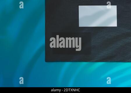 Business concept. Tropical palm leaf casting shadow on blue matte paper background and black and white business card templates placed on black stone b Stock Photo