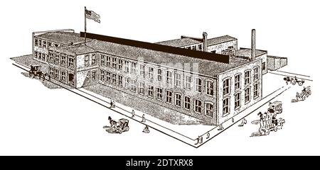 Exterior view of an antique factory plant with people and horse drawn carriages Stock Vector