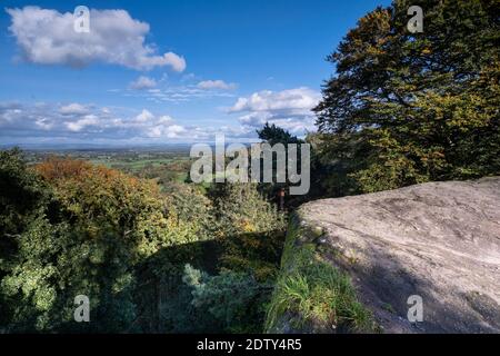 Outlook from Castle Rock over the Cheshire Plain in autumn, Alderley Edge, Cheshire, England, UK Stock Photo