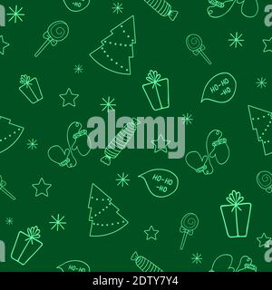 Christmas seamless green pattern with gift, christmas tree, candy, gloves, star, snowflake holiday icons, New Year celebration elements. Design for pr Stock Photo