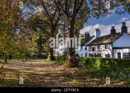 Prestbury Village in autumn from Parrott’s Field, Prestbury, Cheshire, England, UK Stock Photo