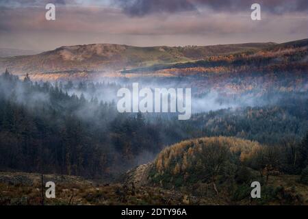 Early morning mist clearing from Teggs Nose and Macclesfield Forest, near Macclesfield, Cheshire, England, UK Stock Photo
