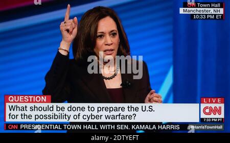 The United States has suffered a sustained cyber attack, most likely by Russians, over the last several months. In April of 2019, while campaigning for the Democratic nomination for president, Senator Kamala Harris addressed cyber security and other matters in New Hampshire. 21st Dec, 2020. FILE PHOTO: April 22, 2019, Manchester, New Hampshire, USA - Democratic candidate for president, Senator KAMALA HARRIS. participates in a CNN town hall hosted by the New Hampshire Institute of Politics at Saint Anselm College. Credit: Cnn/ZUMA Wire/Alamy Live News Stock Photo