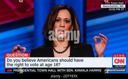 The United States has suffered a sustained cyber attack, most likely by Russians, for the last several months. In April of 2019, Democratic candidate for president, Senator Kamala Harris addressed cyber security and other matters while campaigning for president. 21st Dec, 2020. FILE PHOTO: April 22, 2019, Manchester, New Hampshire, USA - Democratic candidate for president, Senator KAMALA HARRIS. participates in a CNN town hall hosted by the New Hampshire Institute of Politics at Saint Anselm College. Credit: Cnn/ZUMA Wire/Alamy Live News Stock Photo