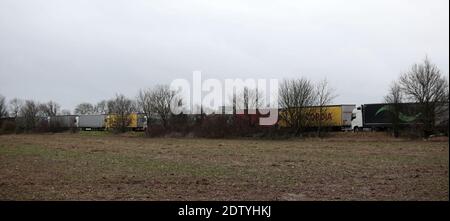 Kent, UK. 22nd Dec, 2020. Hundreds of lorries park up on one of the main roads to Dover Port in Kent as France bans travel to its mainland while a new strain of Coronavirus has been discovered in the UK on Tuesday, December 22, 2020. The UK are waiting for the French Government to approve travel again so the Lorries can carry on their journey. Photo by Hugo Philpott/UPI Credit: UPI/Alamy Live News Stock Photo