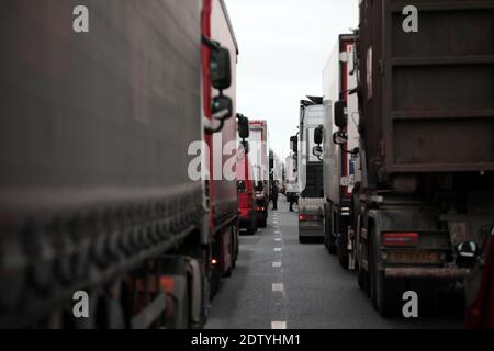 Kent, UK. 22nd Dec, 2020. Hundreds of lorries park up on one of the main roads to Dover Port in Kent as France bans travel to its mainland while a new strain of Coronavirus has been discovered in the UK on Tuesday, December 22, 2020. The UK are waiting for the French Government to approve travel again so the Lorries can carry on their journey. Photo by Hugo Philpott/UPI Credit: UPI/Alamy Live News Stock Photo