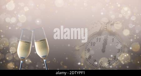New Year's background. Toast with champagne and clock. Stock Photo