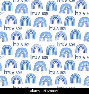 Blue rainbows and its a boy repeat pattern baby boy shower concept watercolor hand drawn seamless ornament, trendy pattern perfect for nursery, children textile, papercraft, positive clipart Stock Photo