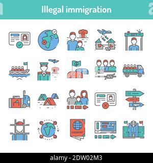 Illegal immigration color line icons set. Pictograms for web page Stock Vector