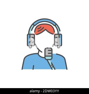 Podcasting line icon. Speaker in headphones with microphone Stock Vector