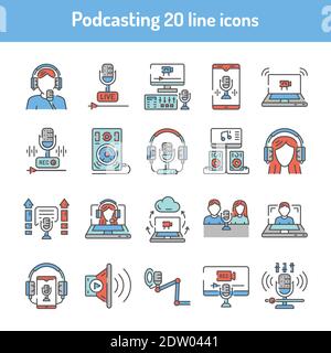 Podcasting color line icons set. Pictograms for web page, Stock Vector