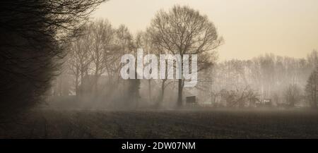 Landscape with alone old farm house on foggy meadow in the morning Stock Photo