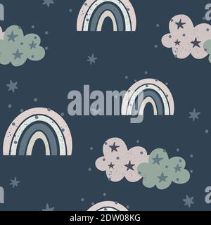 Cute nursery seamless pattern with pastel colored rainbows, clouds and stars isolated on dark background. Hand drawn Scandinavian style vector illustr Stock Vector