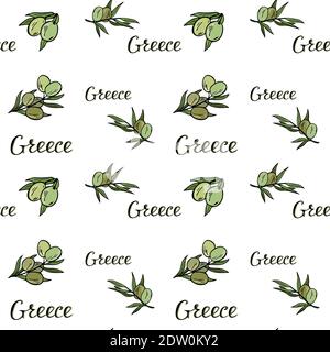 Seamless pattern from branches of olives and the inscriptions of greece. Vector. Stock Vector