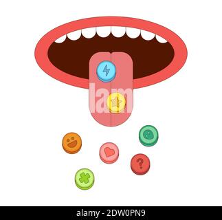 Tongue with ecstasy pills vector illustration in cartoon style. Drug abuse addiction concept. Many MDMA tablets on the tongue Stock Vector