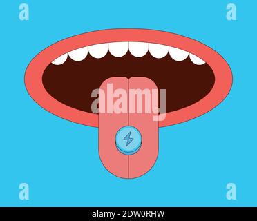 Tongue with drug ecstasy pill vector illustration in cartoon style Stock Vector