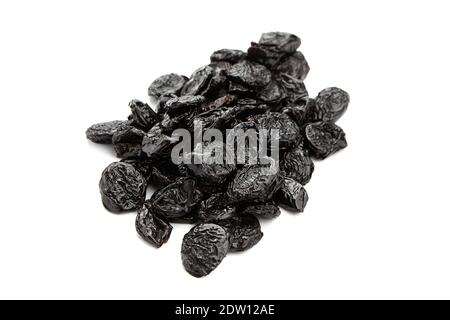 Prunes, dry plums isolated on white background. Heap of dried fruits Stock Photo