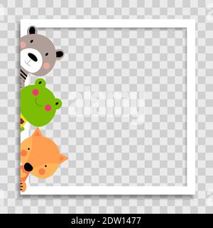 Empty Photo Frame with Cute animal frog, bear and fox Template for Media Post in Social Network. Vector Illustration Stock Vector