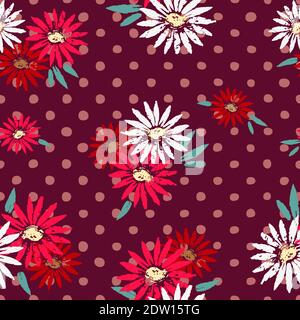 Daisy Flower Polka Dots hand drawn seamless vector pattern Stock Vector