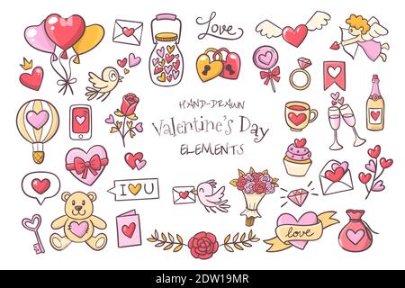 Set of cute hand drawn elements about love. Beautiful design elements isolated on white. Happy Valentine's Day background. EPS 10 vector illustration. Stock Vector