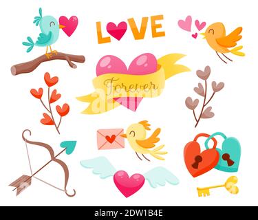 Set of cute Valentine day elements. Birds fall in love, hearts, love padlocks and more. Vector illustration for your design. Stock Vector