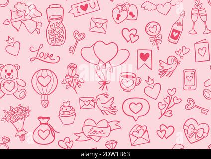 Hand drawn Valentine's Day seamless pattern. Cute doodle element collection. Lovely pink background. Vector illustration. Stock Vector