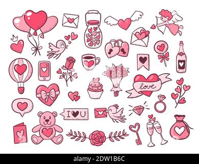 Hand drawn Valentine's Day objects. Cute and pink elements isolated on white. EPS 10 vector illustration. Stock Vector