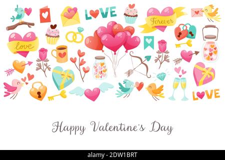 Background template for Valentine's Day celebration. Isolated Valentine Day objects. Cute birds, hearts, sweets, gifts and more. EPS10 vector illustra Stock Vector