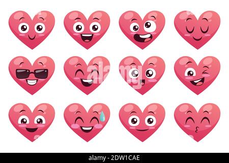 Collection of funny heart emoticons isolated on white background. Cartoon style. EPS 10 Vector illustration. Stock Vector
