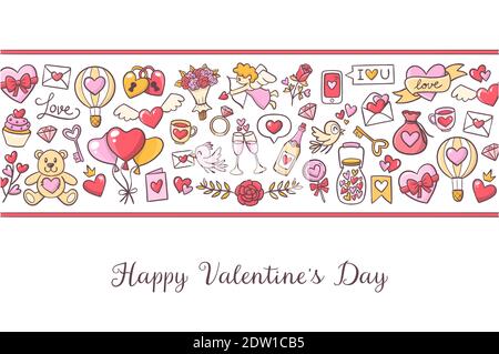 Background template for Valentine's Day celebration with lovely elements and title. Collection of isolated Love Celebration objects. Cute birds, heart Stock Vector