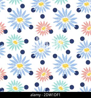 Daisy Flower Polka Dots hand drawn seamless vector pattern Stock Vector