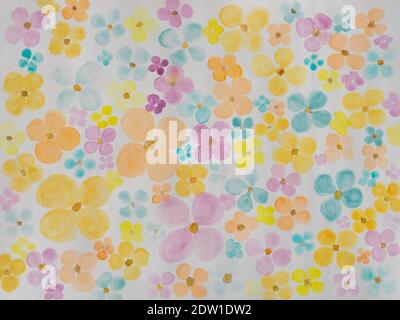 Seamless pattern of watercolor flowers in pale pink, orange and blue colors. Happy floral drawing. Stock Photo
