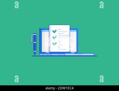 DIsplay monitor with list and checkbox and marks on desktop computer. Online form survey, checking a document or taking an exam test. Vector illustration for web banners, infographics, websites. Stock Vector